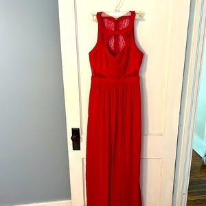 BCBGeneration Rouge Red Gown with Cutout Pleated Bodice Inset Lace & Side Slits